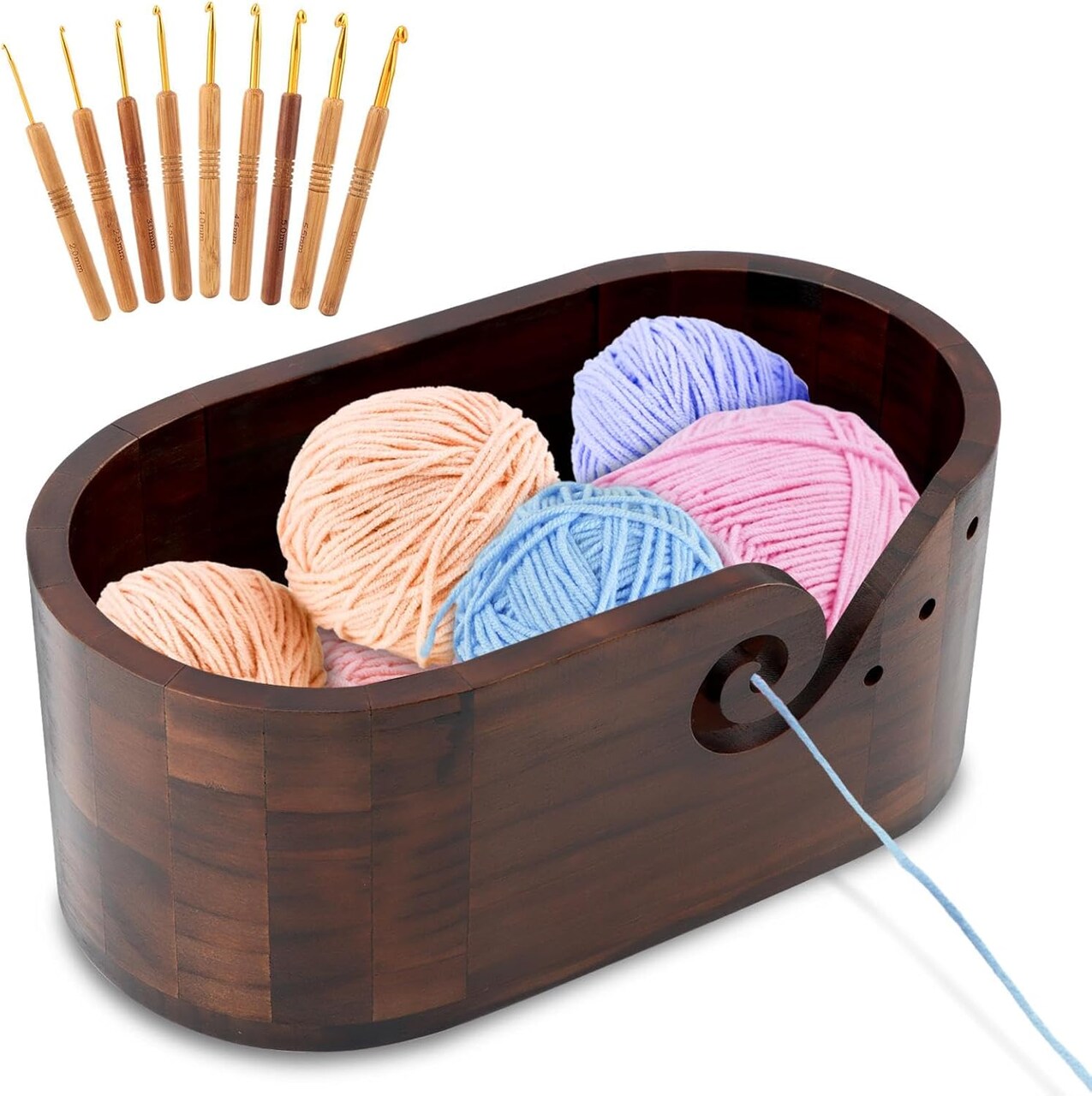 9pcs Knitting Hooks, Knitting Yarn Holder, Wood Storage Crochet Bowl (Black Walnut)
